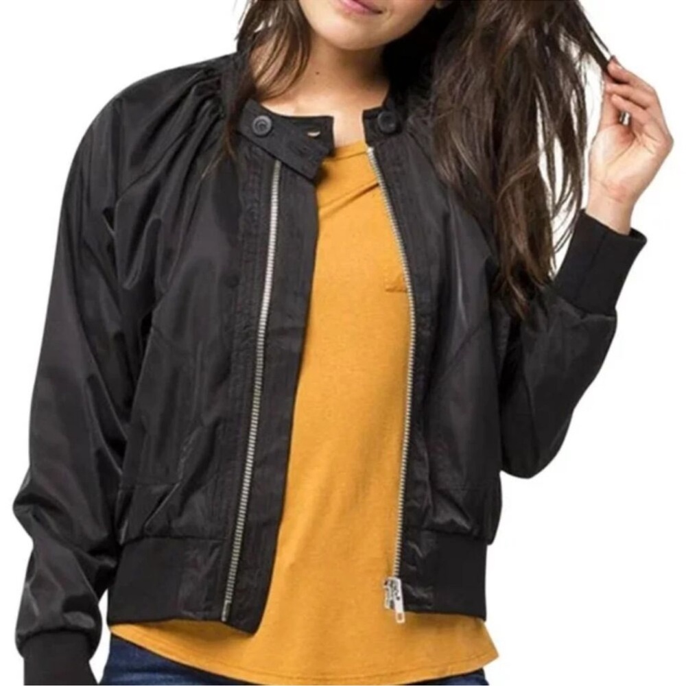 FREE PEOPLE Black Midnight Satin Full Zip Oversized Bomber Jacket L - Picture 16 of 16